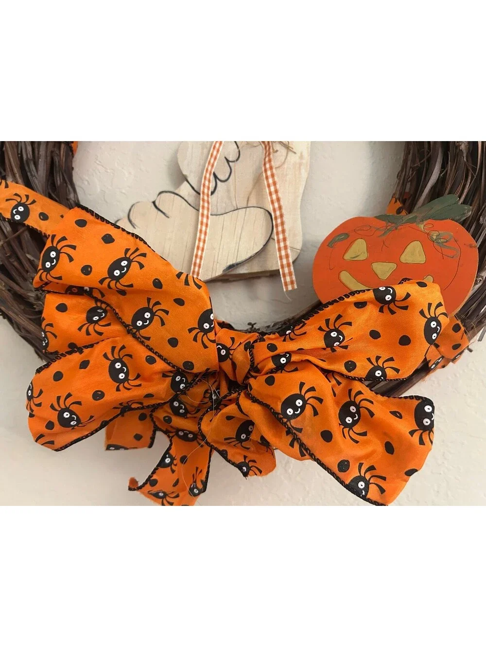 Handmade Halloween Grapevine Wreath Ghost Pumpkin Spider Ribbon Fall Door Decor